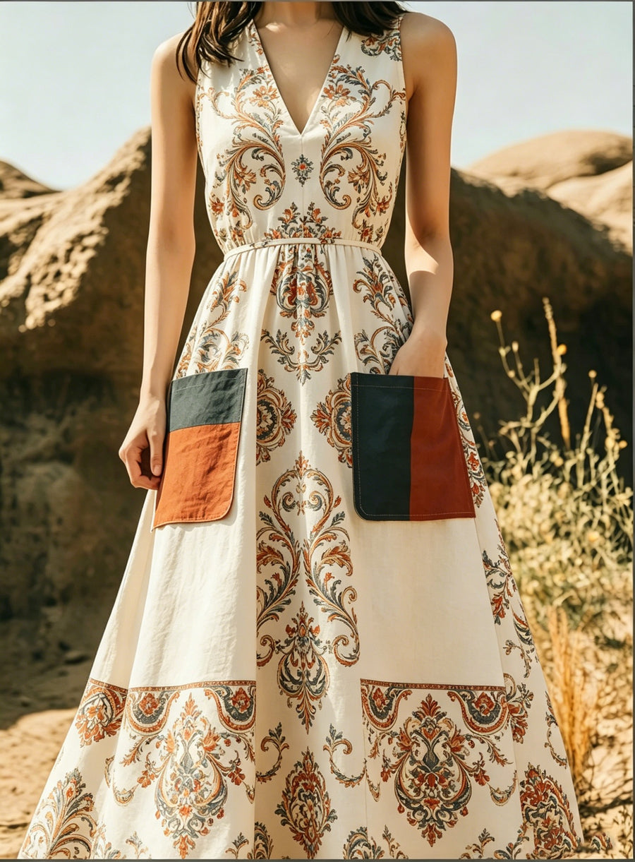 Figure-hugging Wide-skirted Dress with Pockets