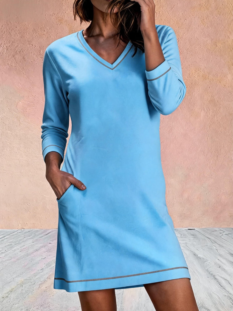 V-neck Sewn 78-sleeve Mini Dress for Effortless Style