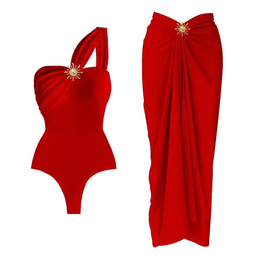 Womens Bikini One-Piece Swimsuit With Mesh Skirt Sunflower Set