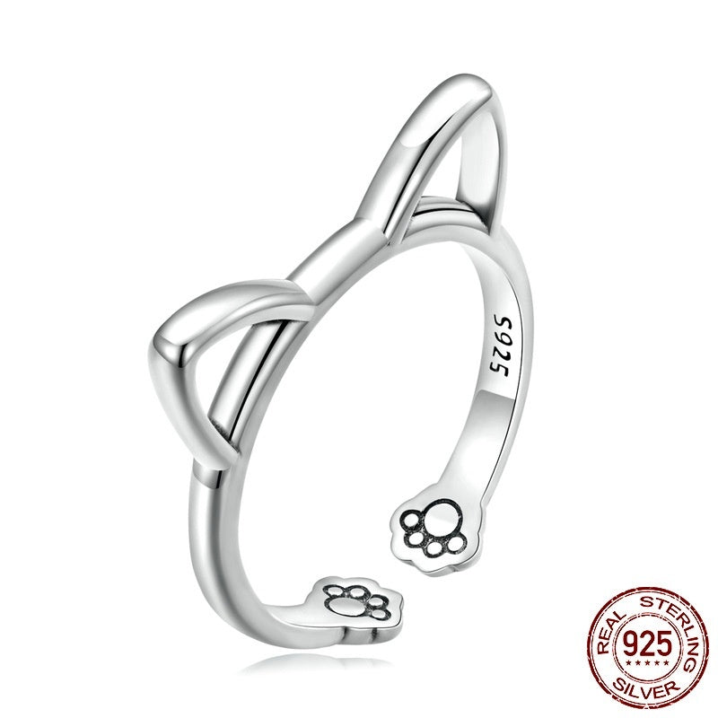 S925 Sterling Silver Minimalist Cat Open Ring - Cute Animal Jewelry