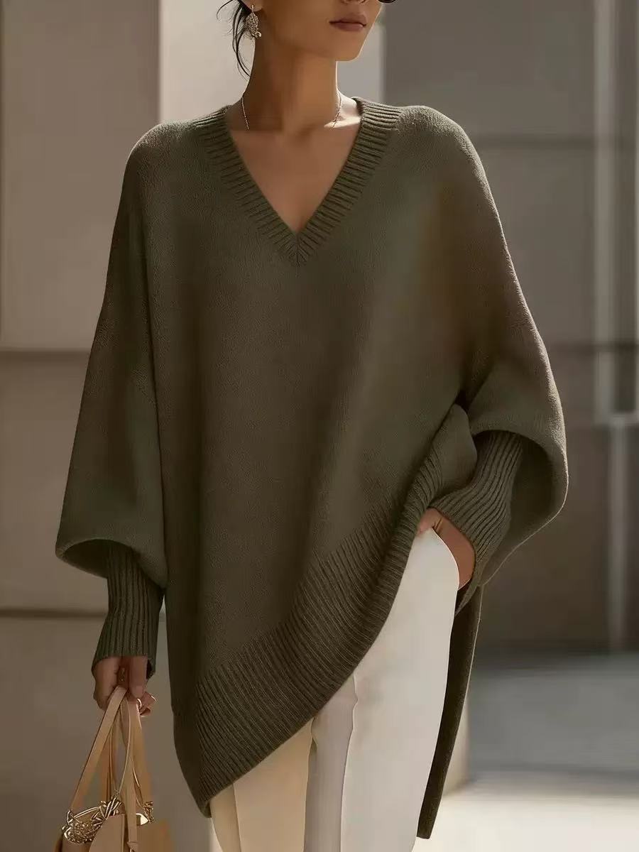 Solid-color Long-sleeve V-neck Sweater Dress for Women