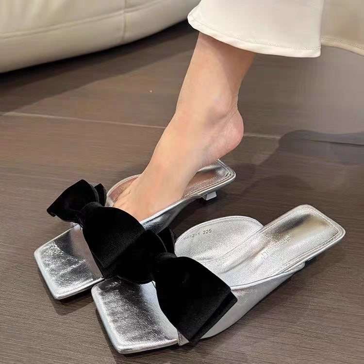 Women's French Bow Sweet Square Toe Slide Sandals