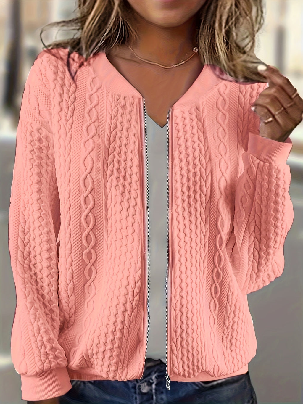 Womens Plus-size Zip-up Cable-knit Long-sleeve Jacket