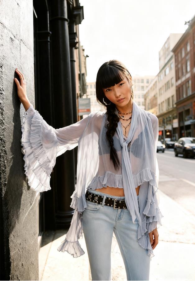 Puff-sleeve Designer-style French Lace-up Blouse