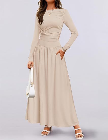 Womens Solid-Color Crew-Neck Pleated Long-Sleeve Dress