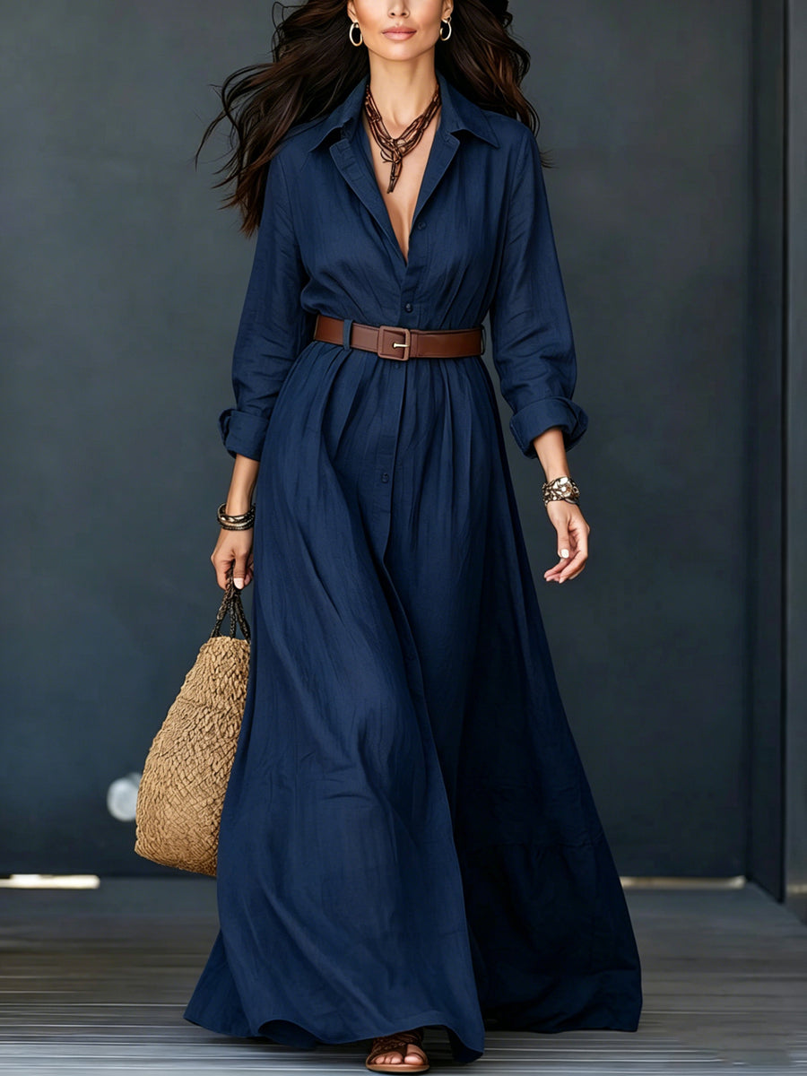 Long-sleeve Waist-cinched Floor-length Vacation Dress with Belt