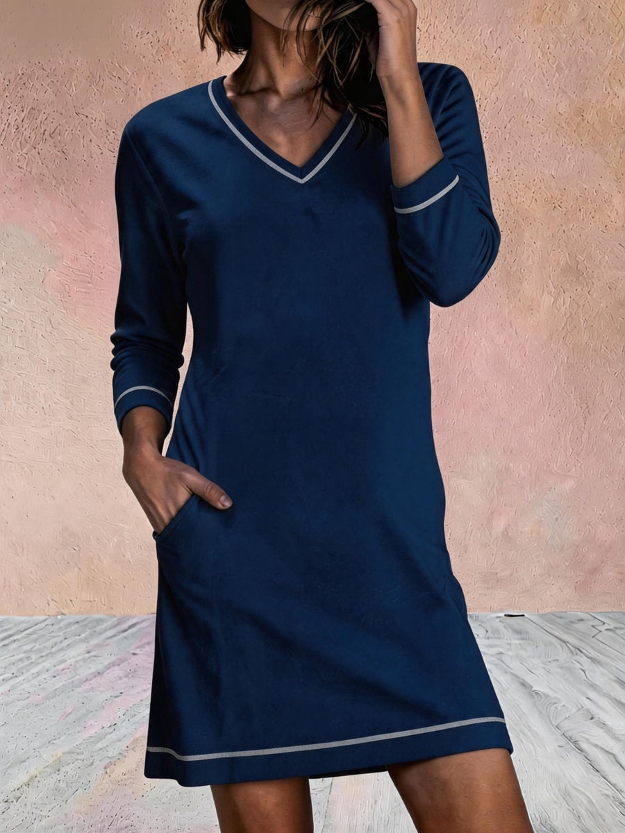 V-neck Sewn 78-sleeve Mini Dress for Effortless Style