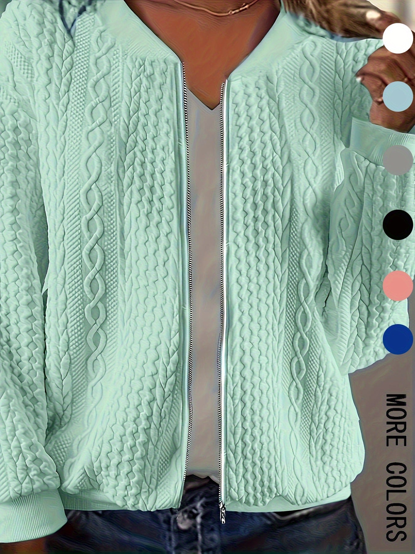 Womens Plus-size Zip-up Cable-knit Long-sleeve Jacket