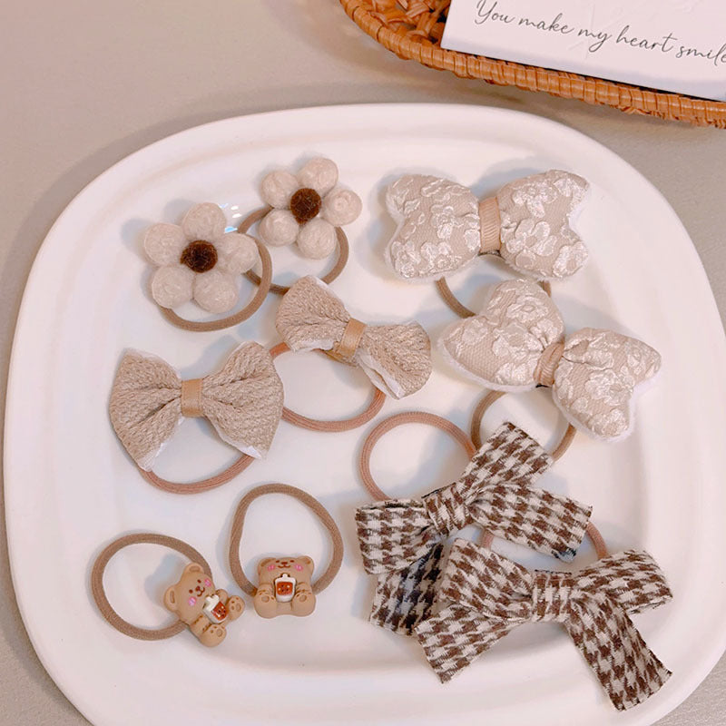 Milk Coffee Color Hair Ties for Girls - Floral Pattern Set