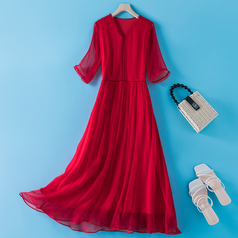 Womens Seven-Quarter-Sleeve Silk Dress - Effortless Elegance