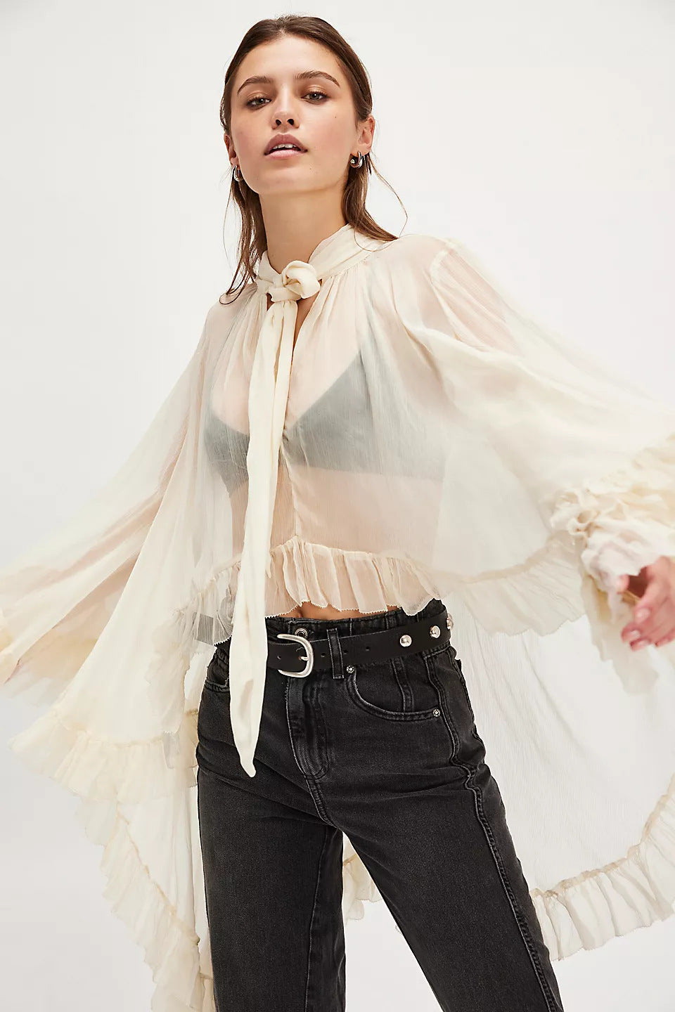 Puff-sleeve Designer-style French Lace-up Blouse