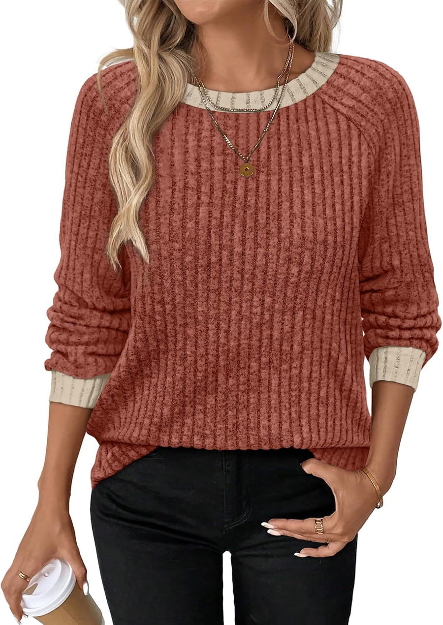 Color Matching Casual Round Neck Pullover Long Sleeve Top
