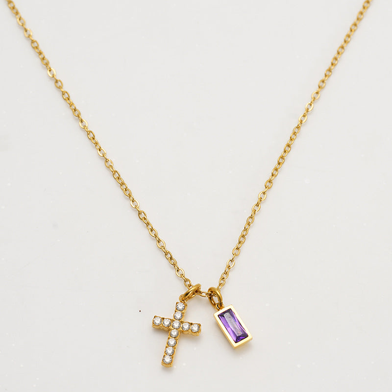 Minimalist Cross Choker Necklace with December Birthstone