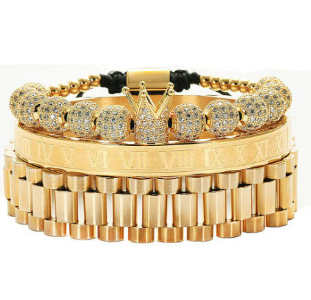 Vintage Copper Zirconium Crown Woven Bracelet Suit