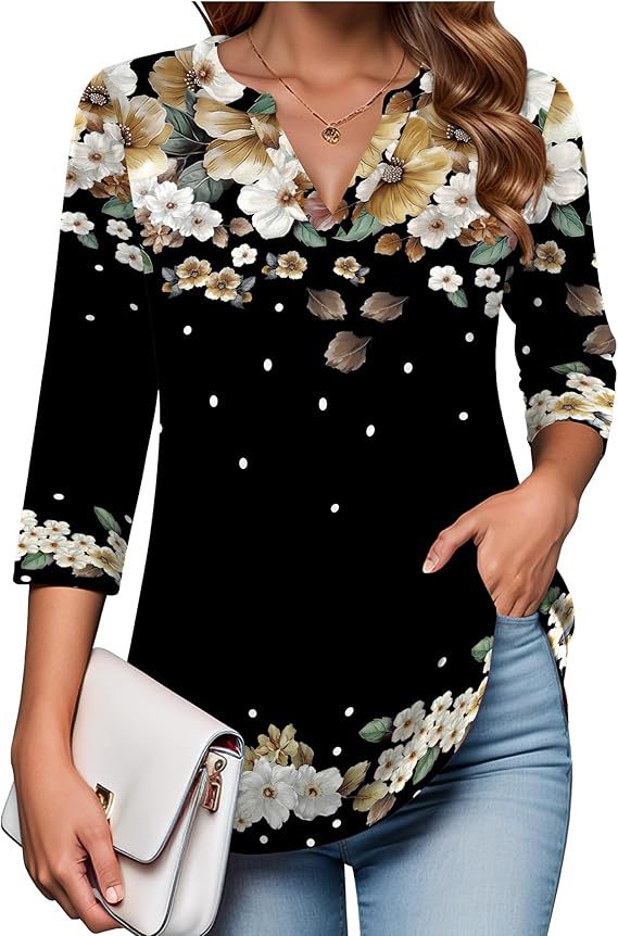 Womens Digital-Print Mid-Sleeve V-Neck Top - Trendy Tank Top