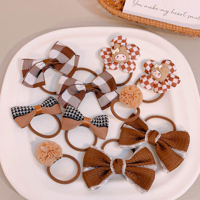 Milk Coffee Color Hair Ties for Girls - Floral Pattern Set
