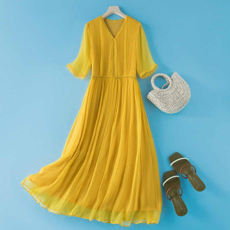 Womens Seven-Quarter-Sleeve Silk Dress - Effortless Elegance