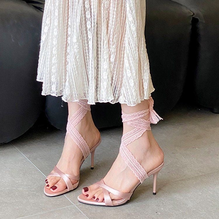 Elegant Black Stiletto Heels: Women Open Toe Lace-up Sandals