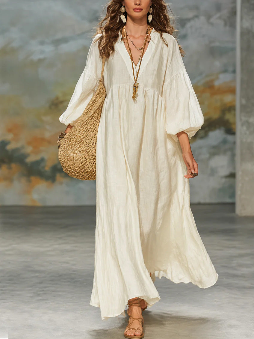 Deep-V Lantern-Sleeve Loose-Fit Flared Dress for Women