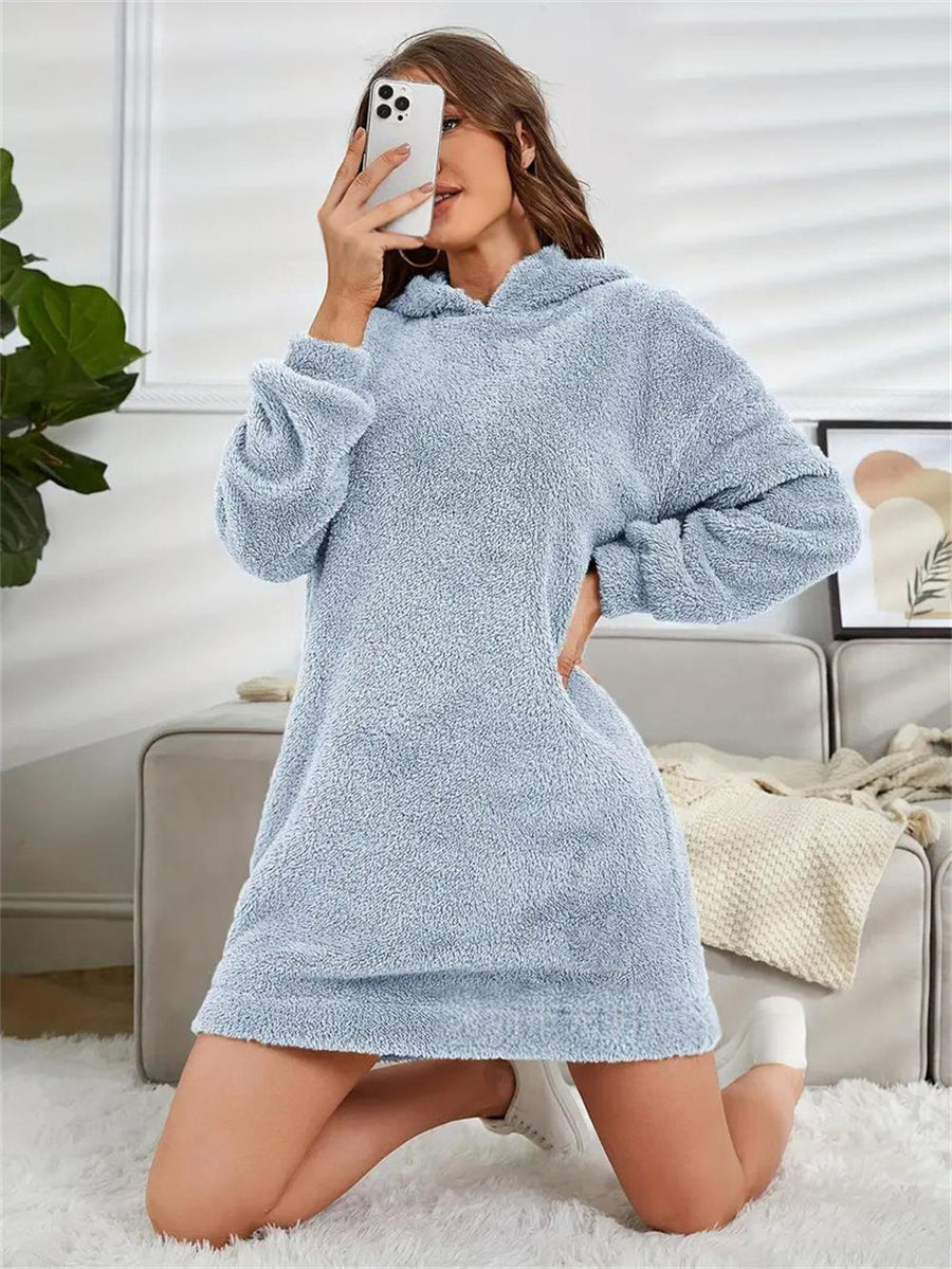 Womens Hooded Long-sleeve Plush Dress for Comfort