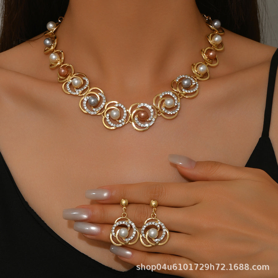 Gold Branch Vine Simulated Pearl Necklace Jewelry Set