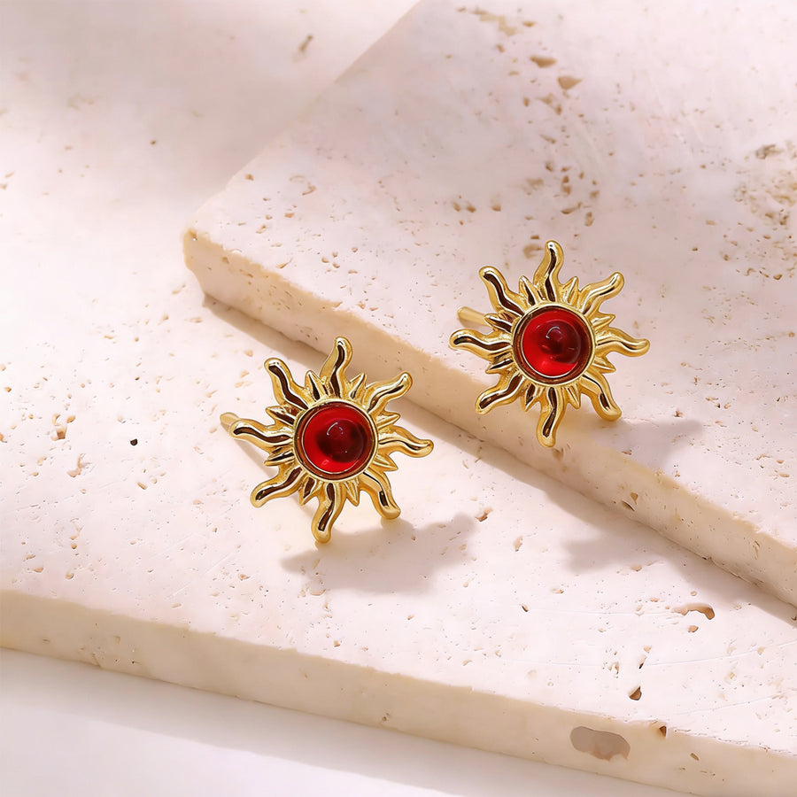 Women Vintage Sun Stud Earrings with Inlaid Crystals