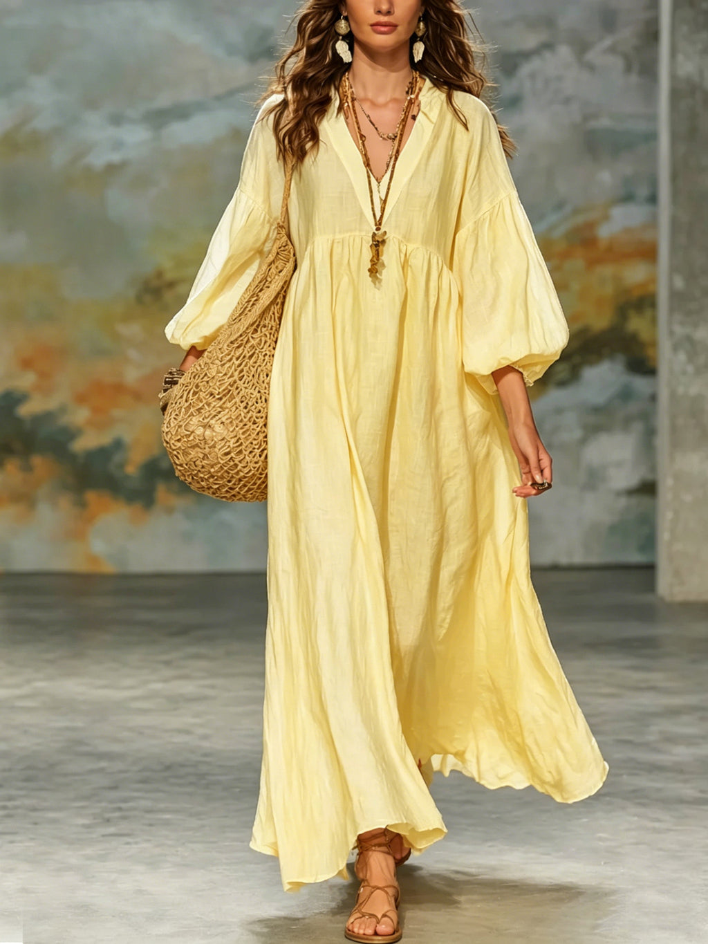 Deep-V Lantern-Sleeve Loose-Fit Flared Dress for Women
