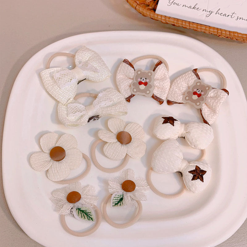 Milk Coffee Color Hair Ties for Girls - Floral Pattern Set