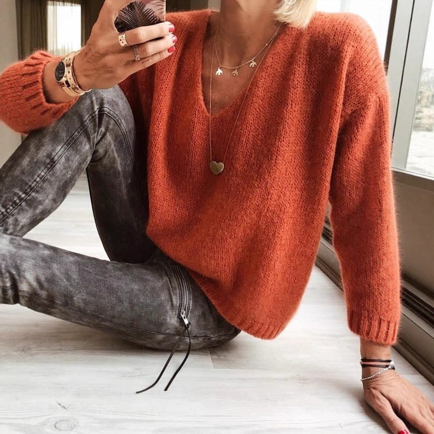 Womens Relaxed-fit Casual V-neck Drop-shoulder Sweater