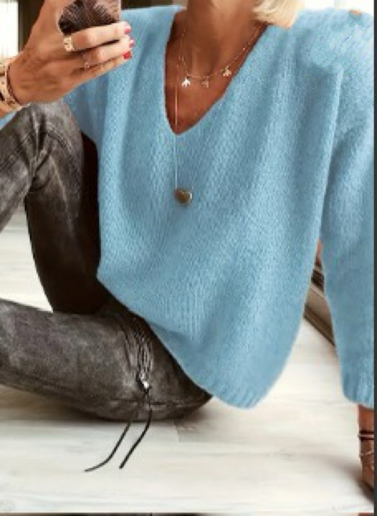 Womens Relaxed-fit Casual V-neck Drop-shoulder Sweater