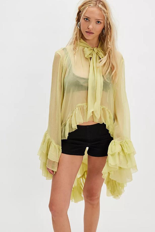 Puff-sleeve Designer-style French Lace-up Blouse