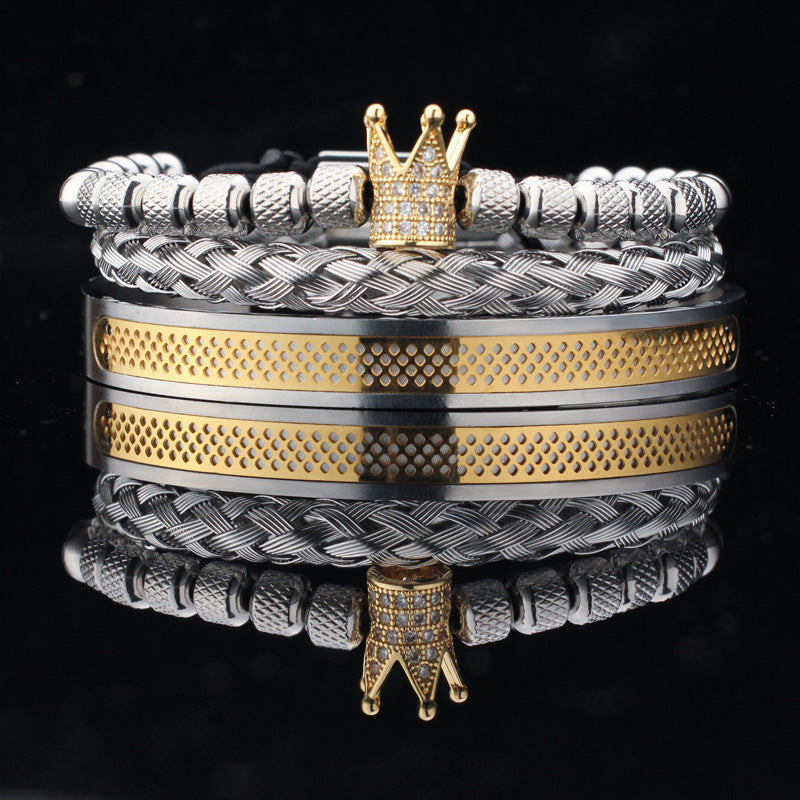 Vintage Copper Zirconium Crown Woven Bracelet Suit