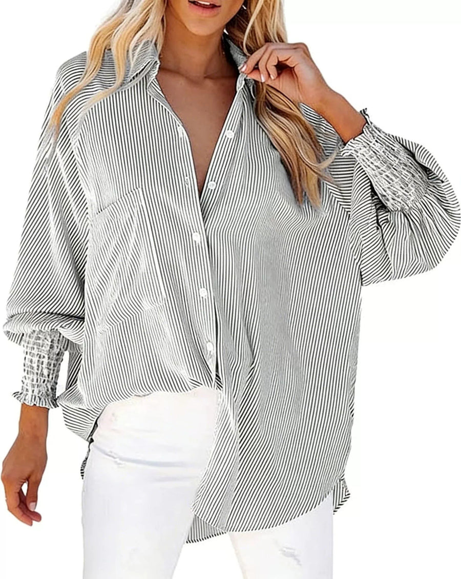 Womens Striped Blouse with Bell Sleeves & Lace Trim