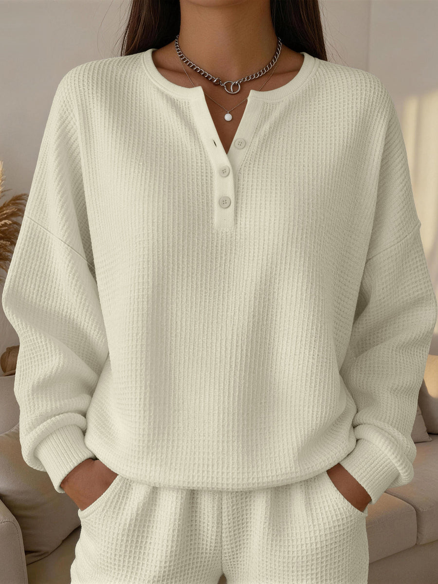 Fashionable Women's Waffle-Knit Solid-Color Pullover Top