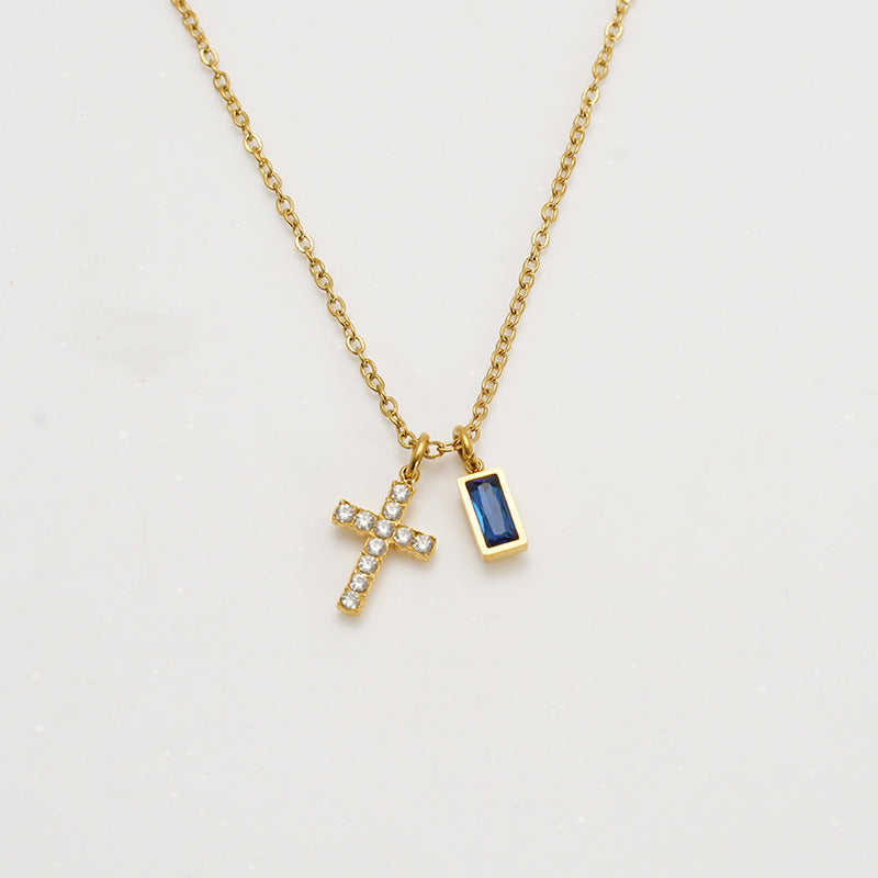 Minimalist Cross Choker Necklace with December Birthstone