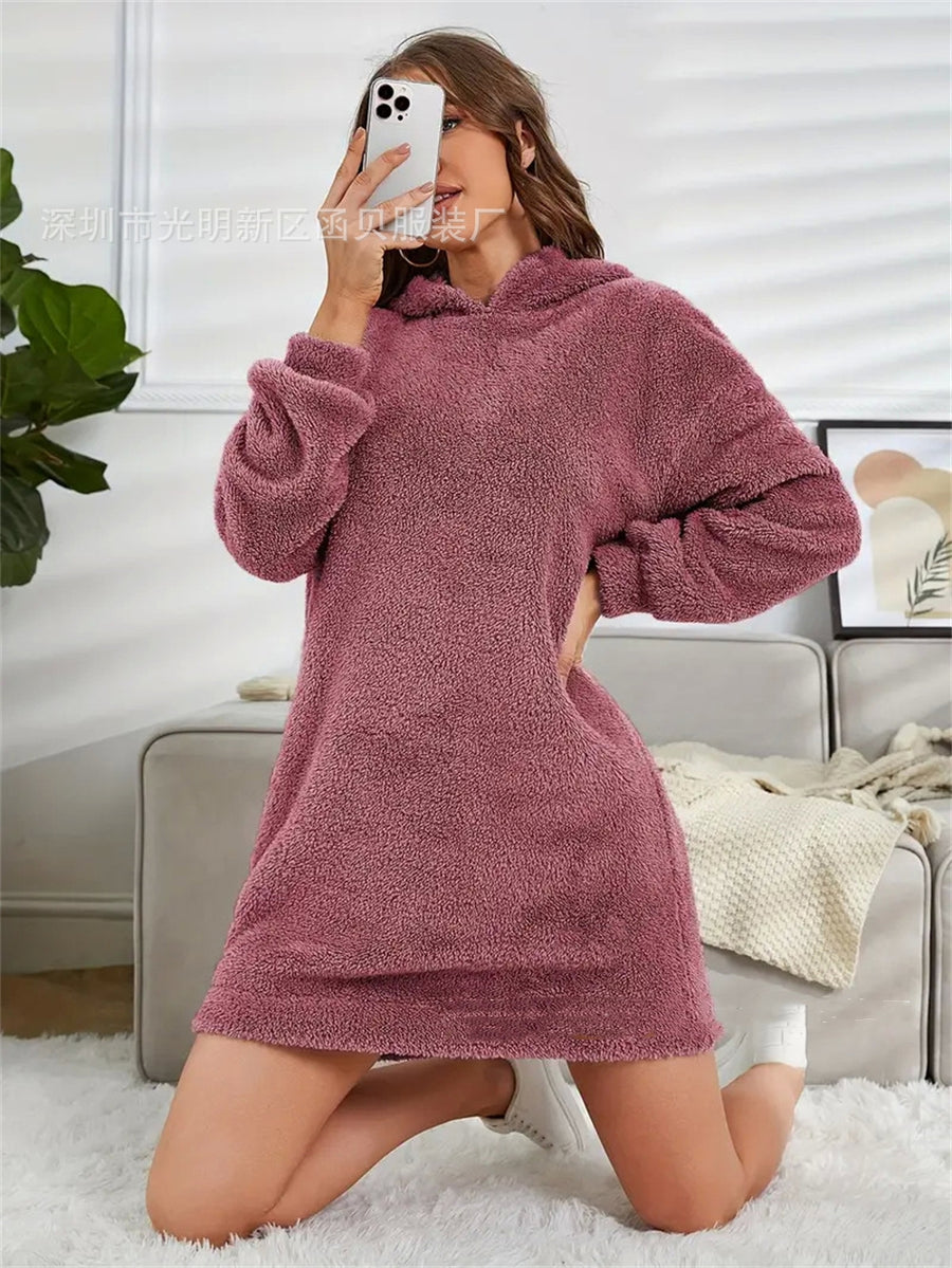 Womens Hooded Long-sleeve Plush Dress for Comfort