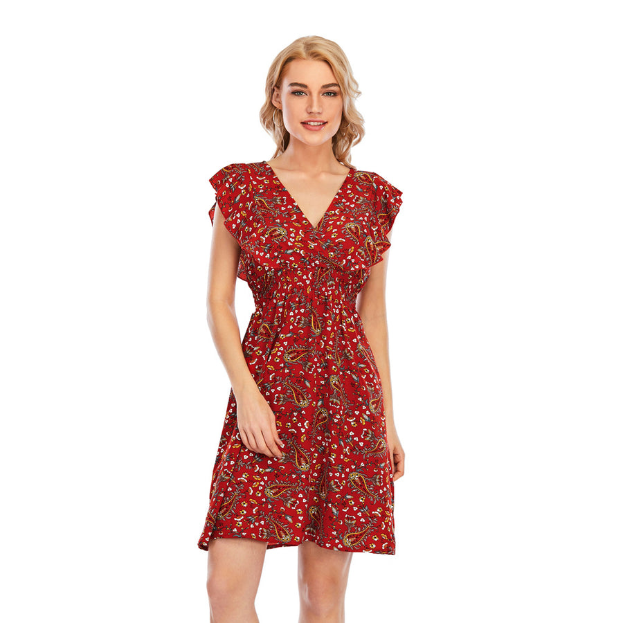Elegant V-neck Chiffon Printed Ruffled Sleeveless Dress