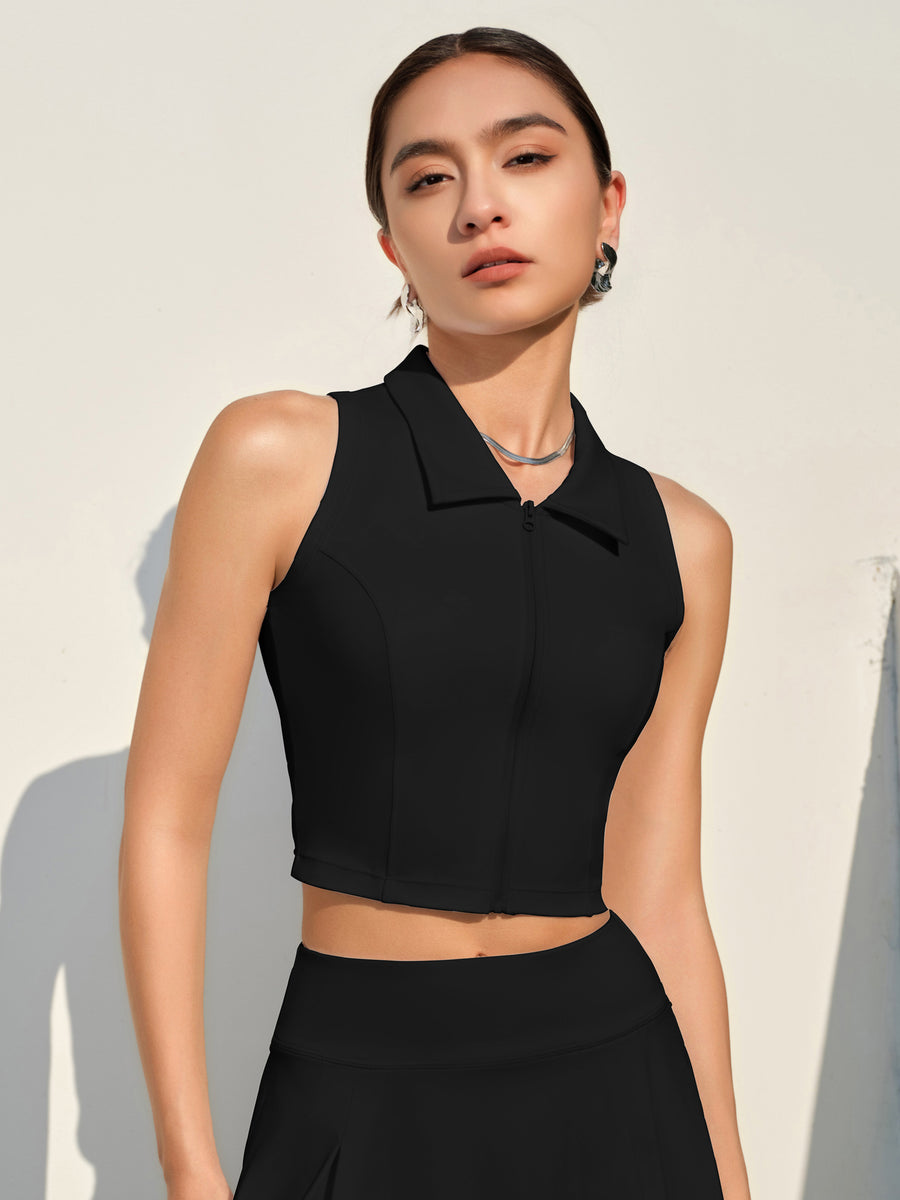 Stylish Women's Sports Top with Built-in Cups & Stand Collar