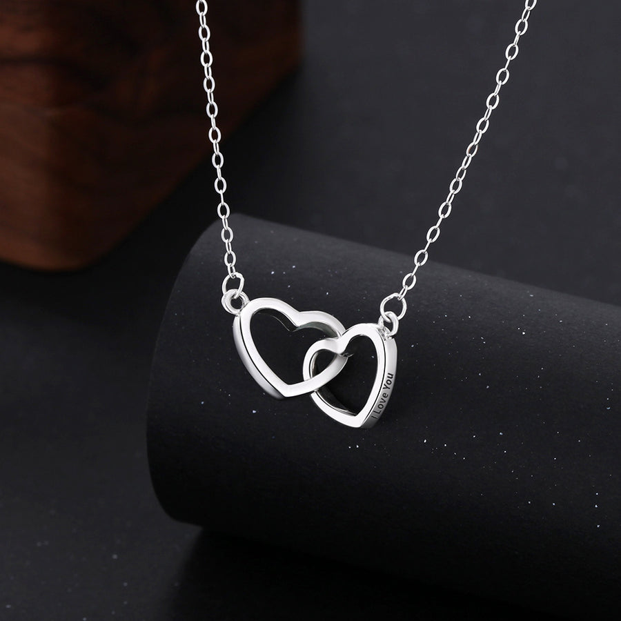 S925 Silver Heart-shaped Necklace with Engraved Double Heart Pendant