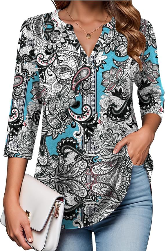 Womens Digital-Print Mid-Sleeve V-Neck Top - Trendy Tank Top