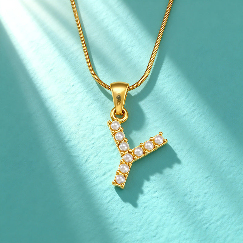 18K Gold Pearl 26-Letter Necklace for Women
