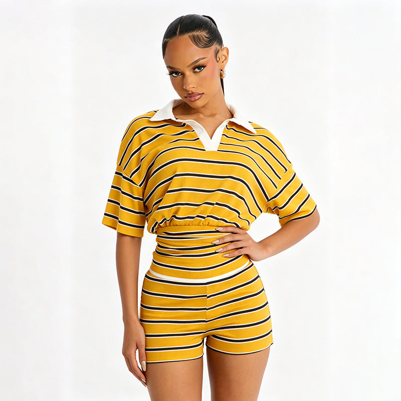 Womens Color-block Lapel Top And Shorts Set for Yoga