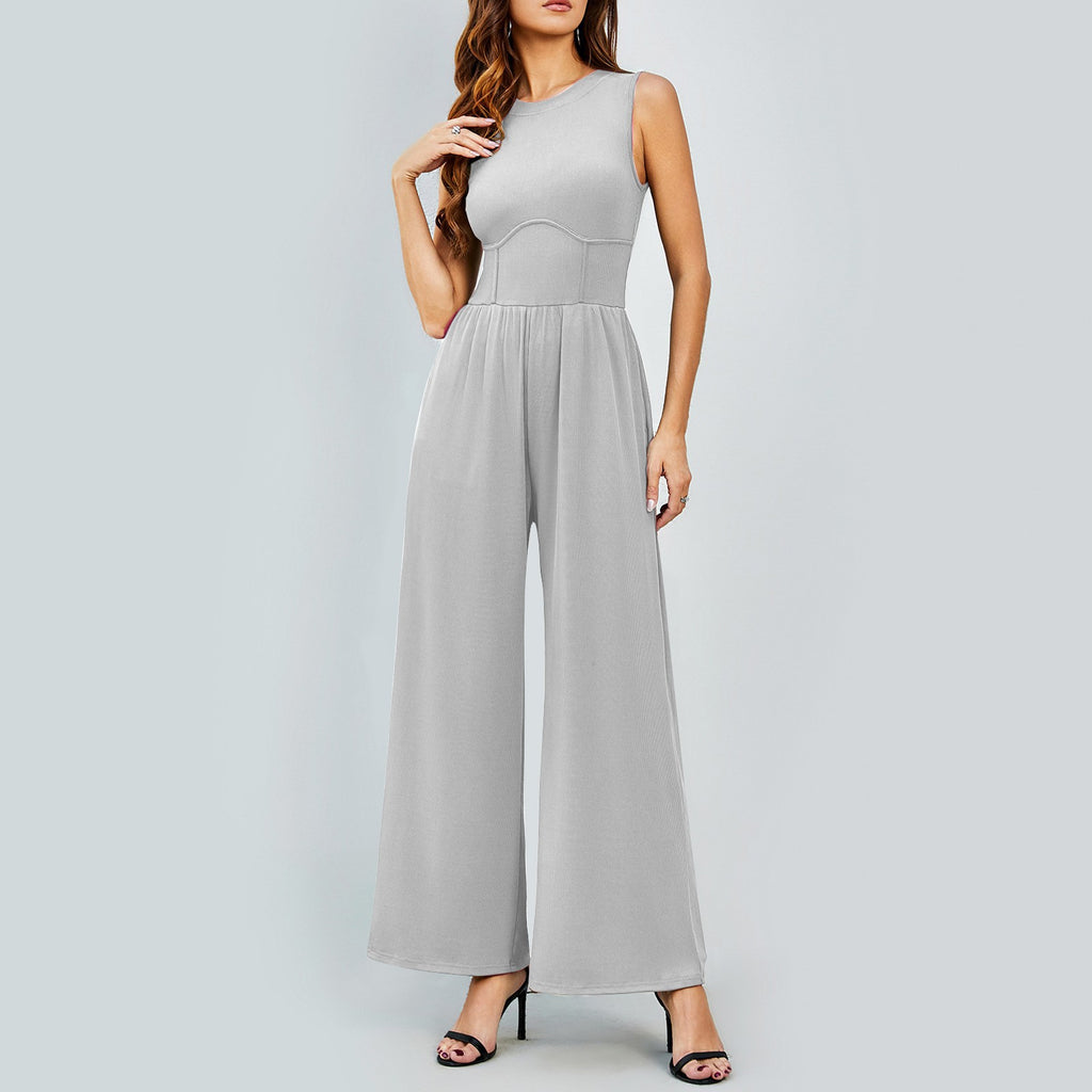 Womens Round-neck Solid-color Sleeveless Slim-fit Jumpsuit