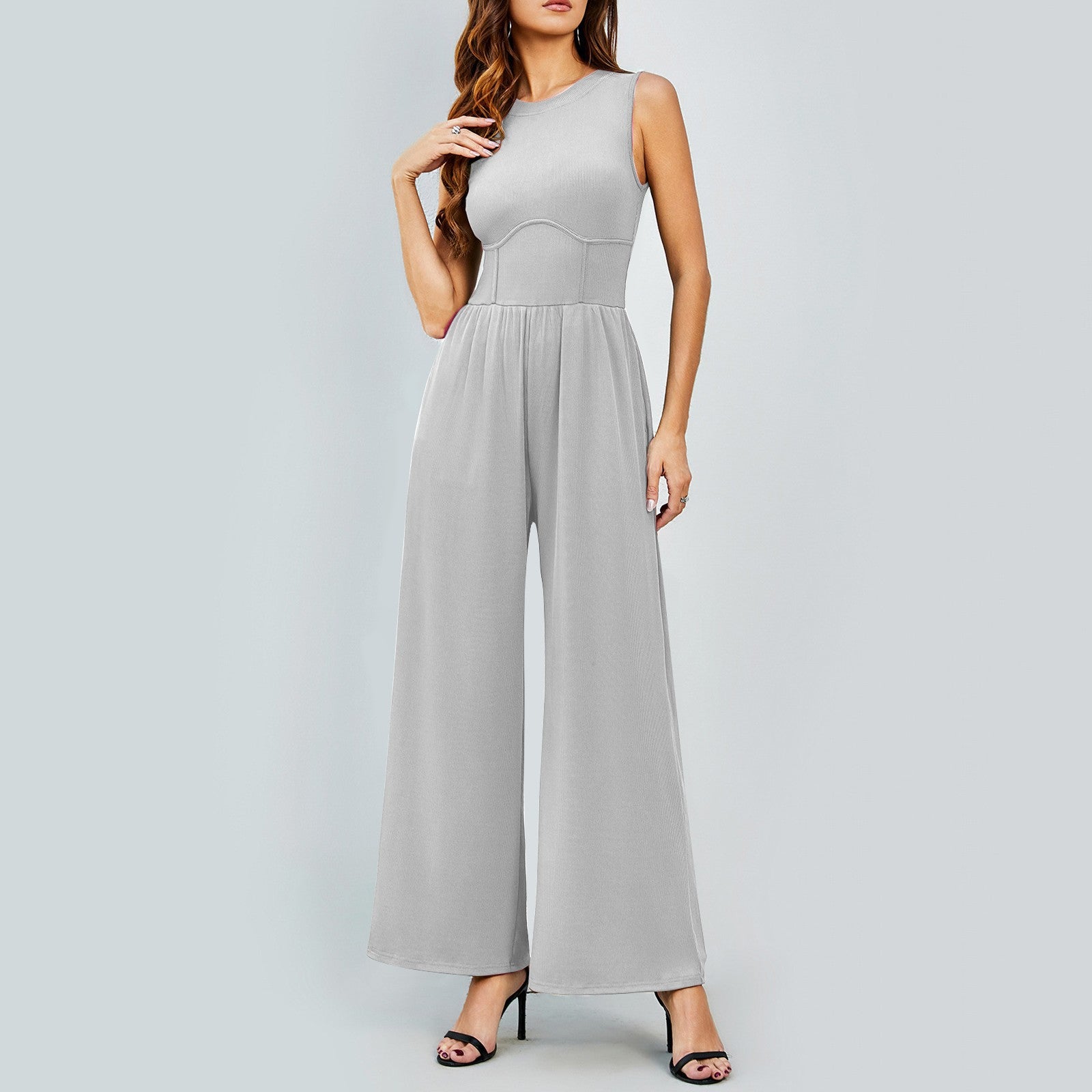 Womens Round-neck Solid-color Sleeveless Slim-fit Jumpsuit