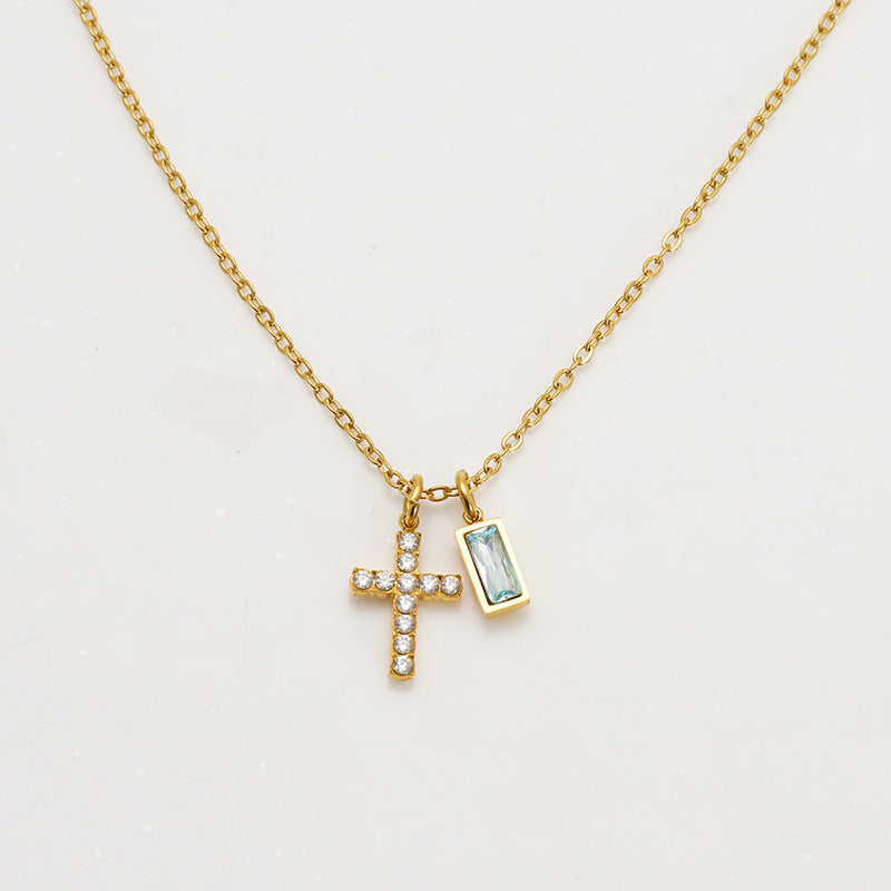 Minimalist Cross Choker Necklace with December Birthstone