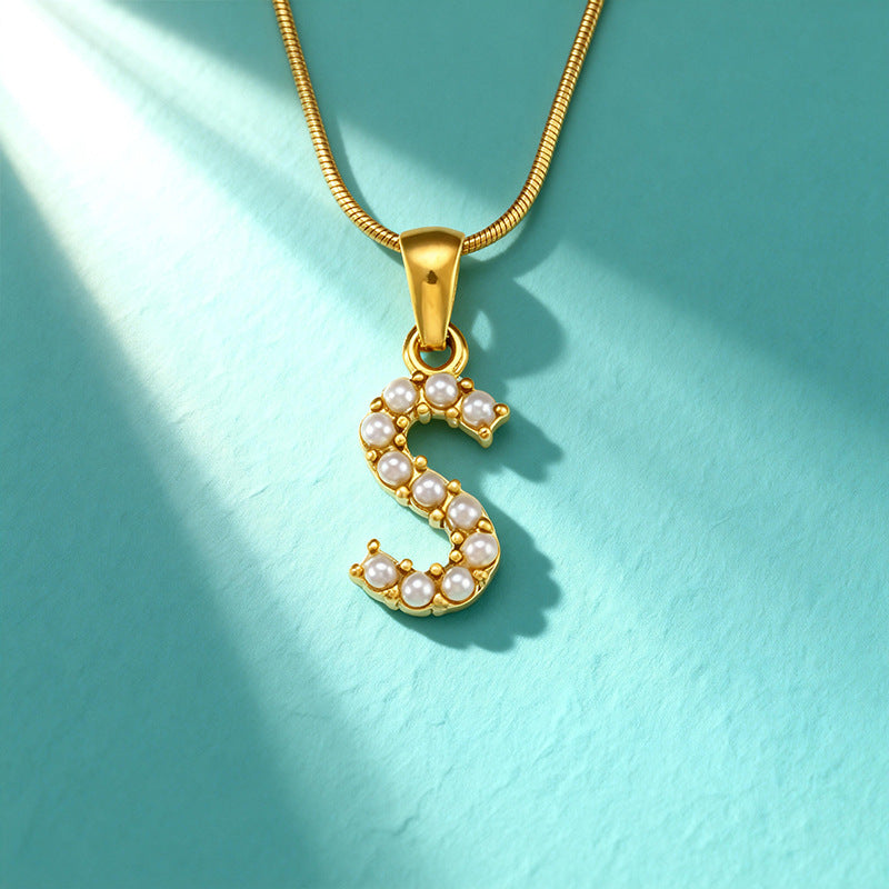 18K Gold Pearl 26-Letter Necklace for Women