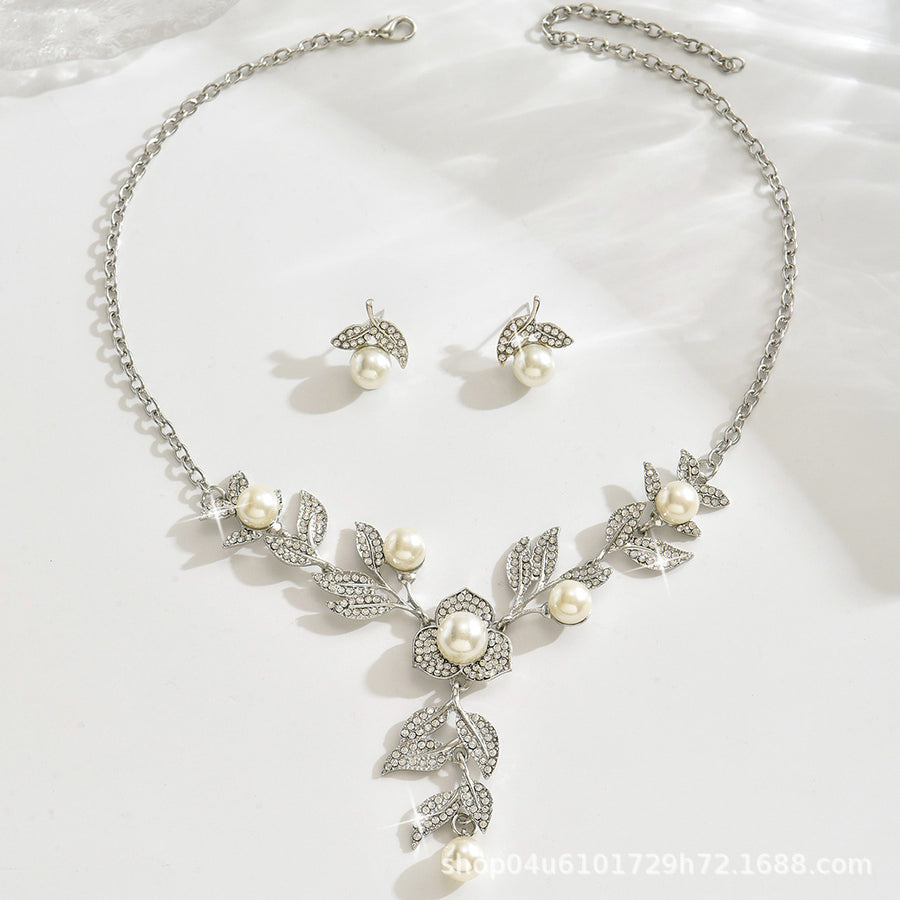Gold Branch Vine Simulated Pearl Necklace Jewelry Set