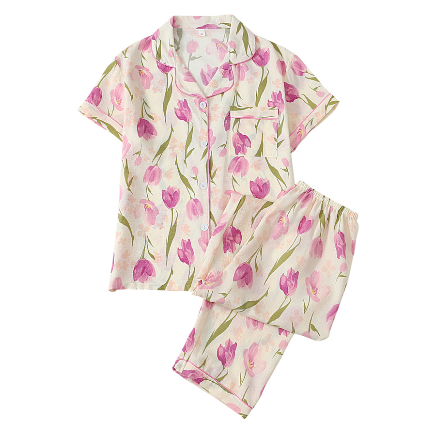 Polka-dot Floral-print Cardigan: Stylish Women's Pajama Set