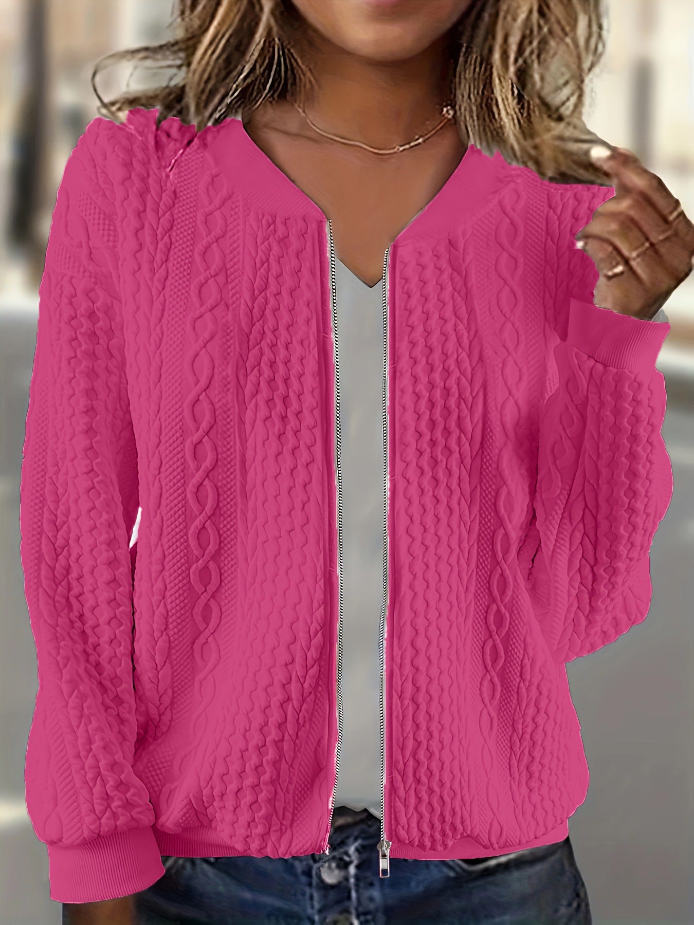 Womens Plus-size Zip-up Cable-knit Long-sleeve Jacket