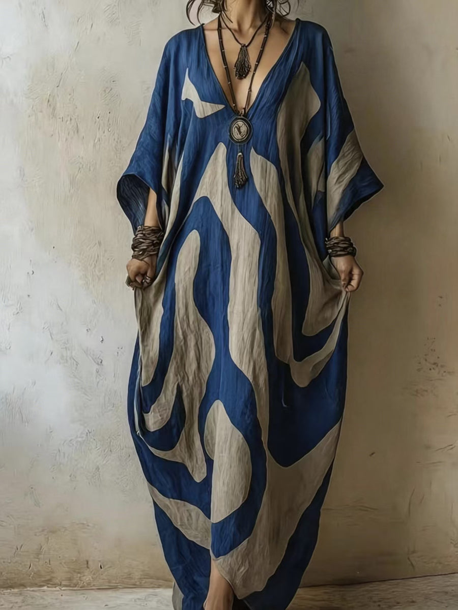 Womens V-neck Beach Dress - Loose-fit & Figure-flattering